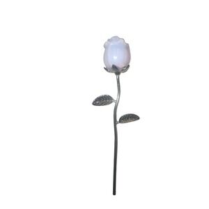 Opalite Glass Rose Carved rose Figurine Silver Tone Stem 6.5 Inch Decor